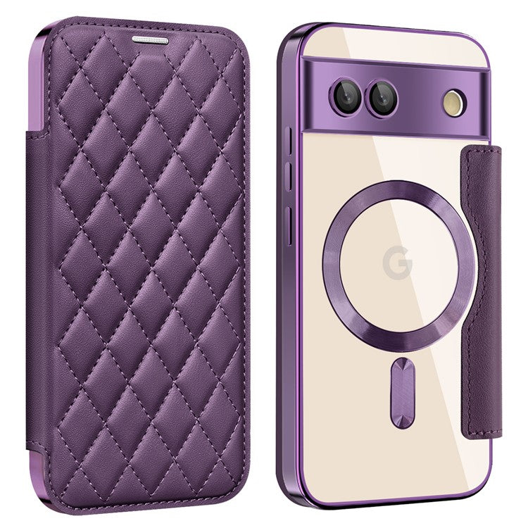 For Google Pixel 8a Case Compatible with MagSafe Rhombus PU Leather Phone Cover - Purple