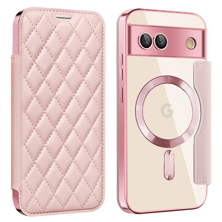 For Google Pixel 8a Case Compatible with MagSafe Rhombus PU Leather Phone Cover - Pink