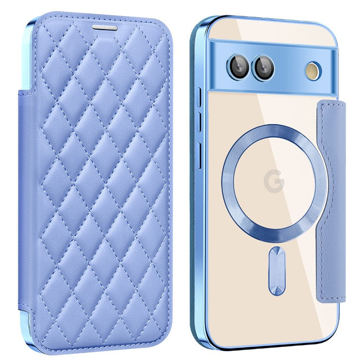 For Google Pixel 8a Case Compatible with MagSafe Rhombus PU Leather Phone Cover - Blue