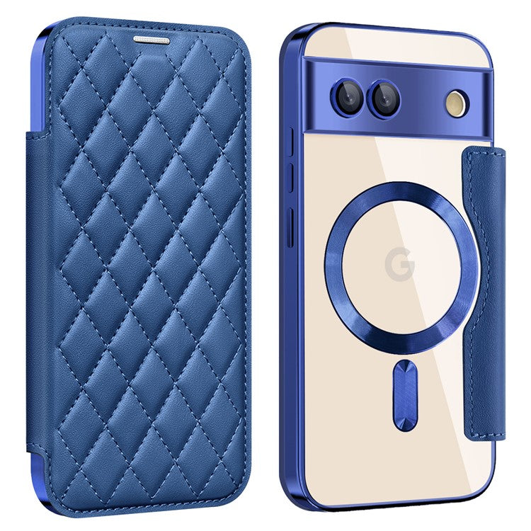 For Google Pixel 8a Case Compatible with MagSafe Rhombus PU Leather Phone Cover - Sapphire