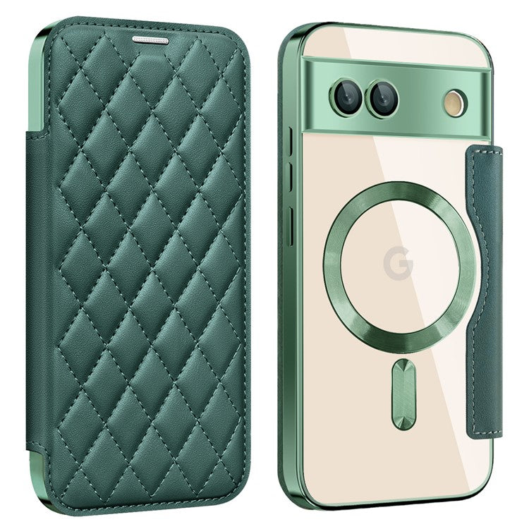 For Google Pixel 8a Case Compatible with MagSafe Rhombus PU Leather Phone Cover - Blackish Green