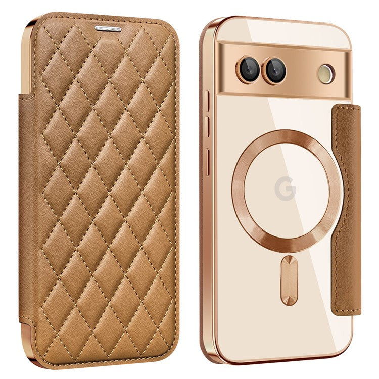 For Google Pixel 8a Case Compatible with MagSafe Rhombus PU Leather Phone Cover - Brown