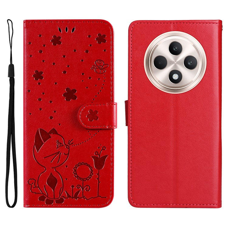 KT Imprinting Flower Series-4 For Oppo Reno12 F 4G Case Leather Wallet Stand Phone Cover Cat Bee Pattern - Red