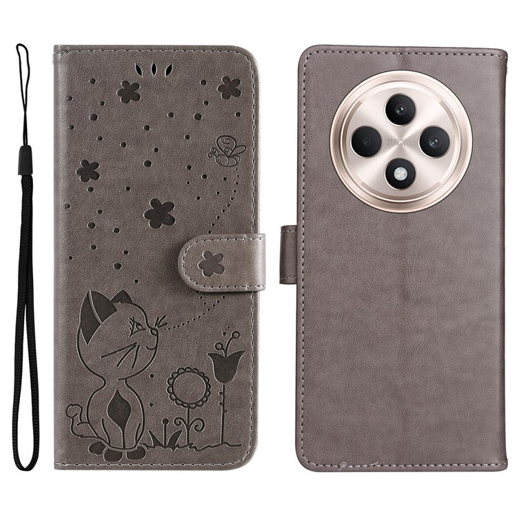 KT Imprinting Flower Series-4 For Oppo Reno12 F 4G Case Leather Wallet Stand Phone Cover Cat Bee Pattern - Grey