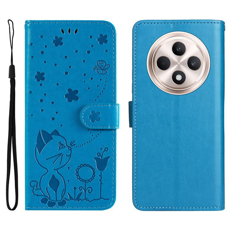 KT Imprinting Flower Series-4 For Oppo Reno12 F 4G Case Leather Wallet Stand Phone Cover Cat Bee Pattern - Blue