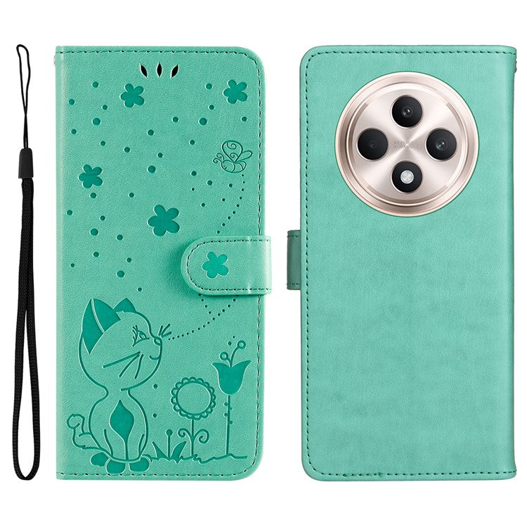 KT Imprinting Flower Series-4 For Oppo Reno12 F 4G Case Leather Wallet Stand Phone Cover Cat Bee Pattern - Green