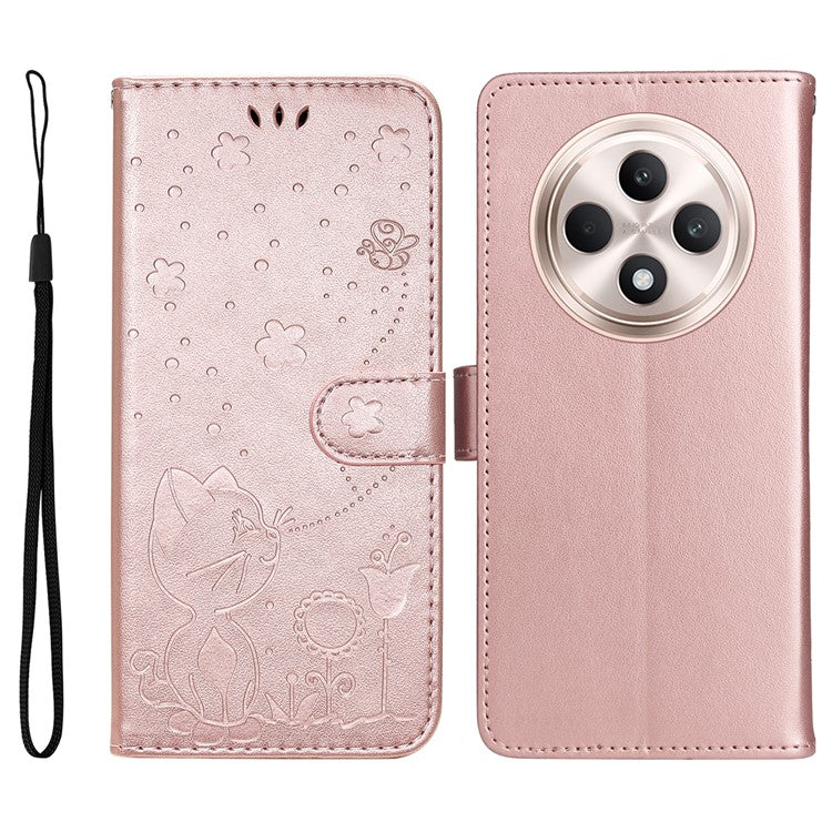 KT Imprinting Flower Series-4 For Oppo Reno12 F 4G Case Leather Wallet Stand Phone Cover Cat Bee Pattern - Rose Gold