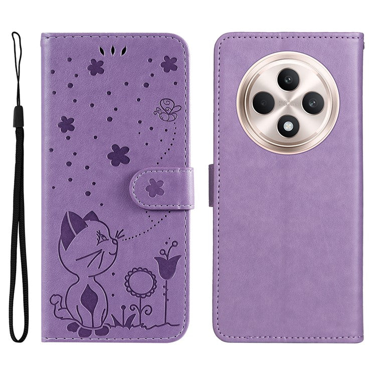 KT Imprinting Flower Series-4 For Oppo Reno12 F 4G Case Leather Wallet Stand Phone Cover Cat Bee Pattern - Light Purple