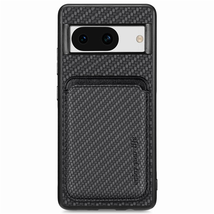 For Google Pixel 8a Case Carbon Fiber Leather Back Cover with Detachable Magnetic Card Bag - Black