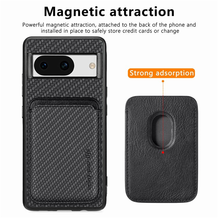 For Google Pixel 8a Case Carbon Fiber Leather Back Cover with Detachable Magnetic Card Bag - Black