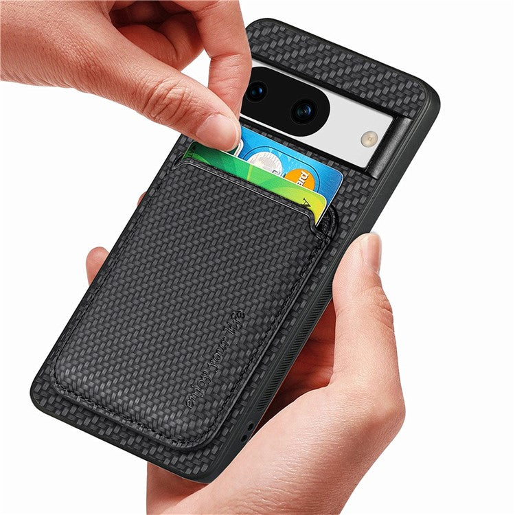 For Google Pixel 8a Case Carbon Fiber Leather Back Cover with Detachable Magnetic Card Bag - Black