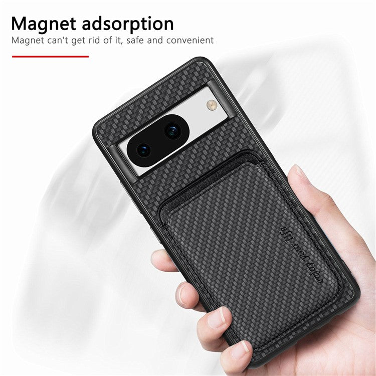 For Google Pixel 8a Case Carbon Fiber Leather Back Cover with Detachable Magnetic Card Bag - Black