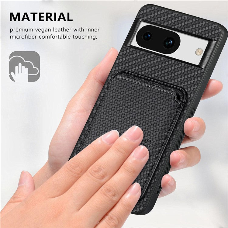 For Google Pixel 8a Case Carbon Fiber Leather Back Cover with Detachable Magnetic Card Bag - Black