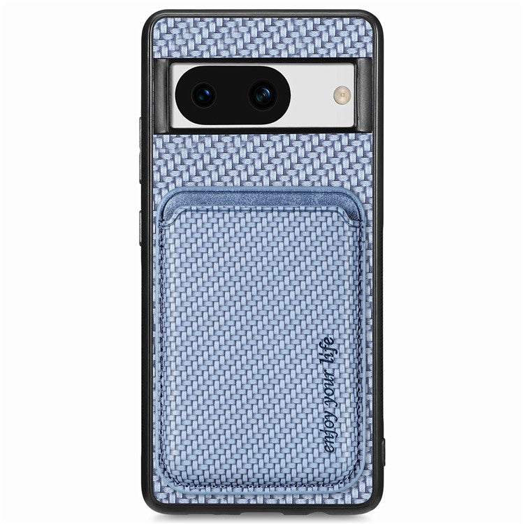 For Google Pixel 8a Case Carbon Fiber Leather Back Cover with Detachable Magnetic Card Bag - Blue