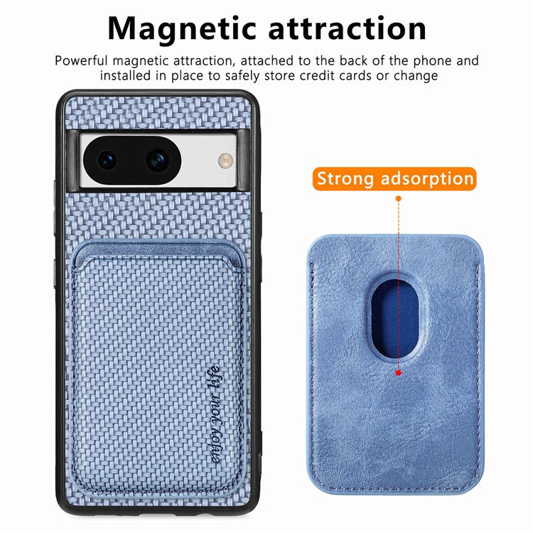 For Google Pixel 8a Case Carbon Fiber Leather Back Cover with Detachable Magnetic Card Bag - Blue