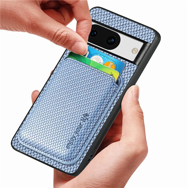 For Google Pixel 8a Case Carbon Fiber Leather Back Cover with Detachable Magnetic Card Bag - Blue