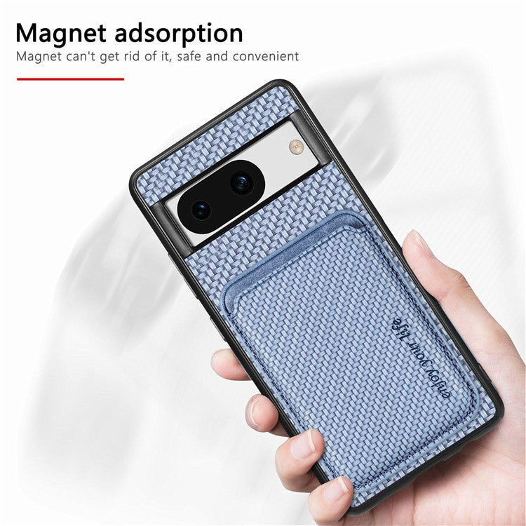 For Google Pixel 8a Case Carbon Fiber Leather Back Cover with Detachable Magnetic Card Bag - Blue