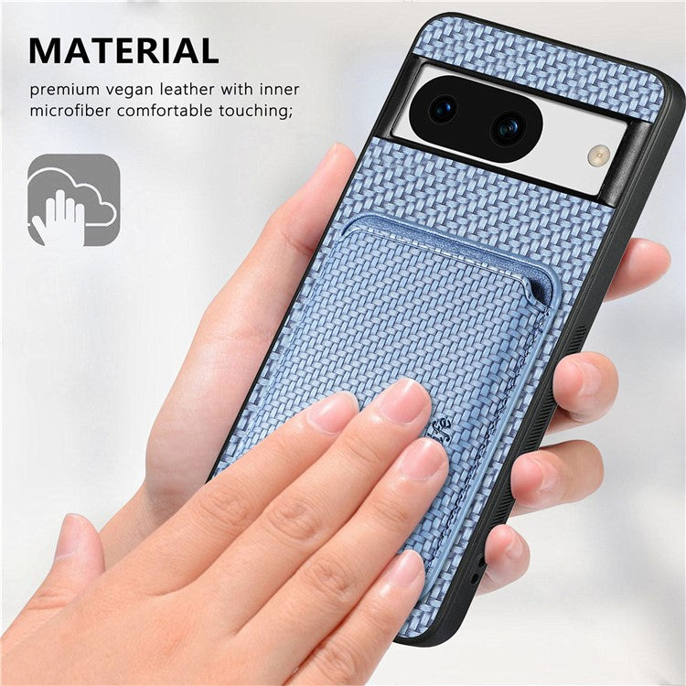 For Google Pixel 8a Case Carbon Fiber Leather Back Cover with Detachable Magnetic Card Bag - Blue