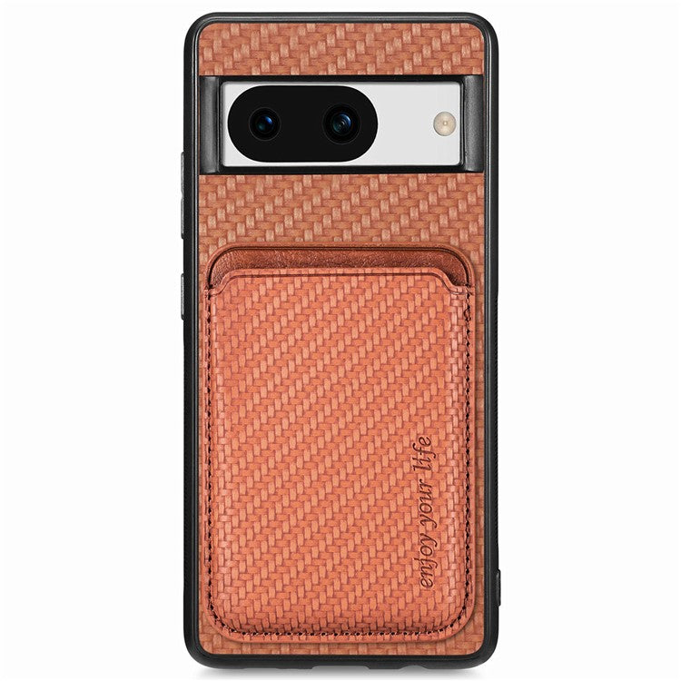 For Google Pixel 8a Case Carbon Fiber Leather Back Cover with Detachable Magnetic Card Bag - Brown