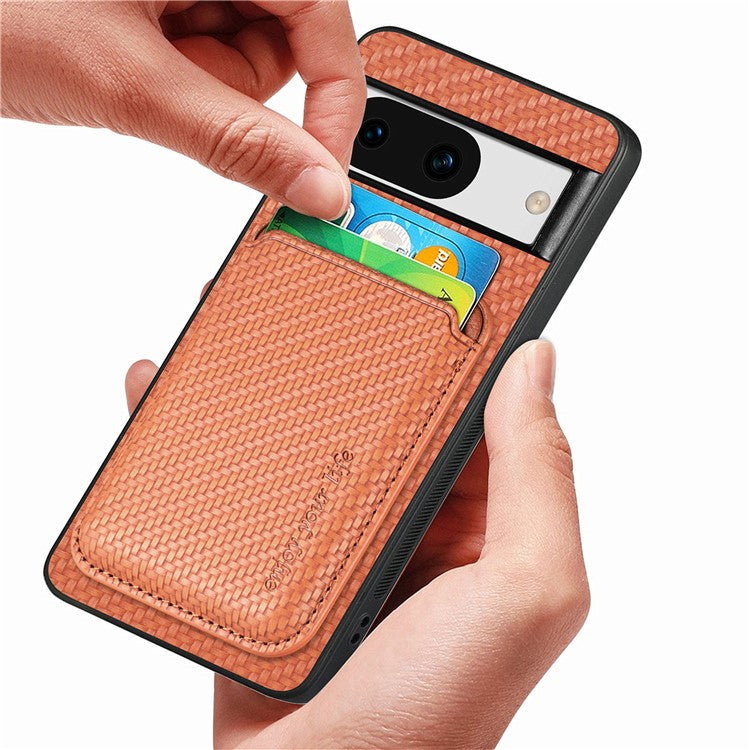 For Google Pixel 8a Case Carbon Fiber Leather Back Cover with Detachable Magnetic Card Bag - Brown