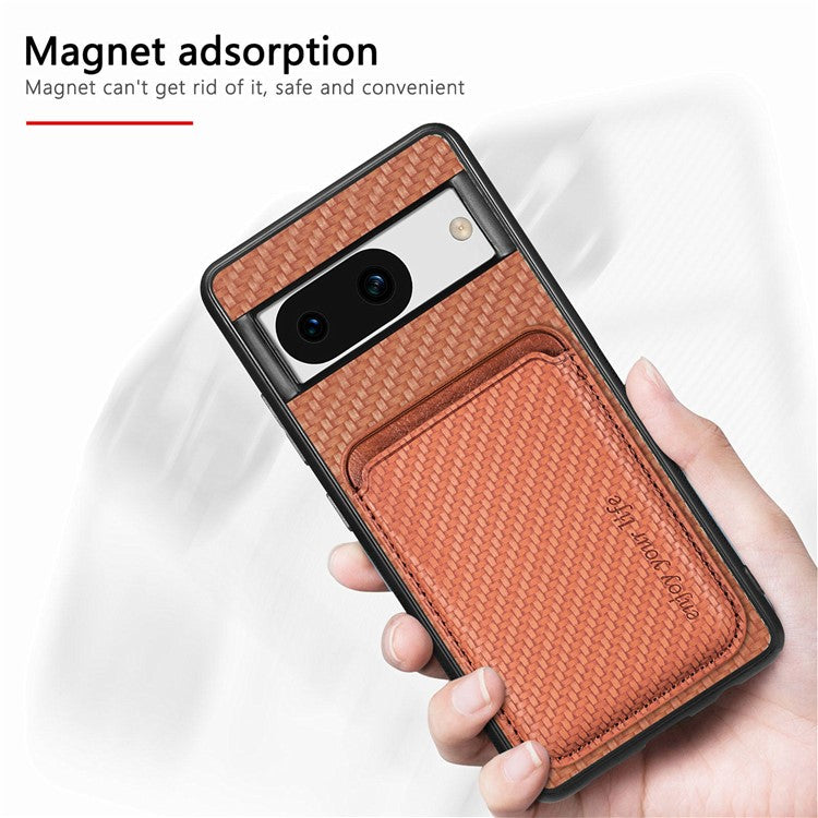 For Google Pixel 8a Case Carbon Fiber Leather Back Cover with Detachable Magnetic Card Bag - Brown