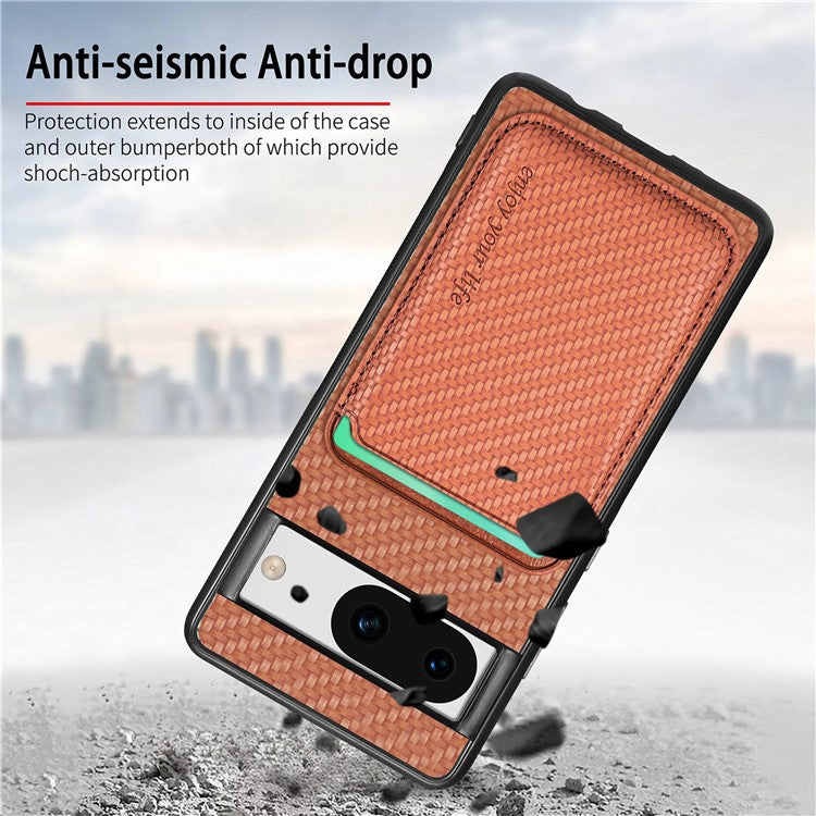 For Google Pixel 8a Case Carbon Fiber Leather Back Cover with Detachable Magnetic Card Bag - Brown