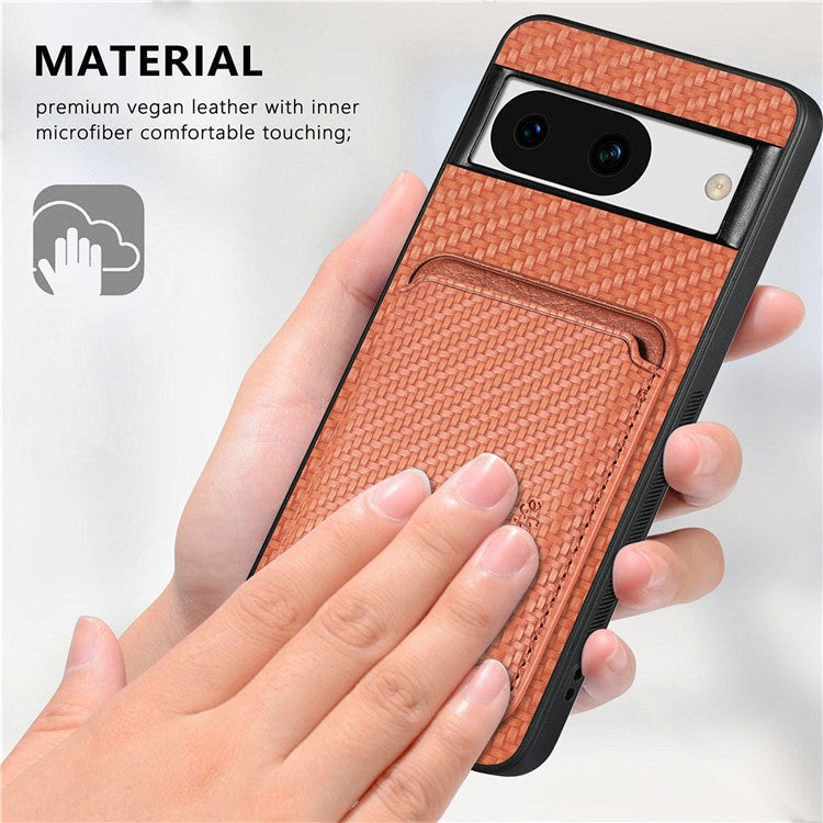 For Google Pixel 8a Case Carbon Fiber Leather Back Cover with Detachable Magnetic Card Bag - Brown