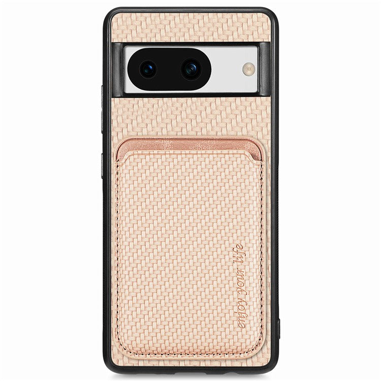 For Google Pixel 8a Case Carbon Fiber Leather Back Cover with Detachable Magnetic Card Bag - Khaki