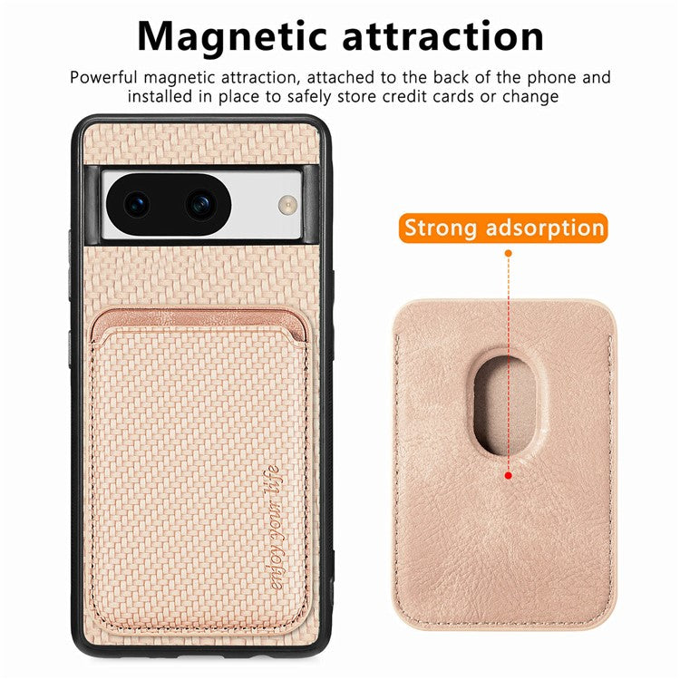 For Google Pixel 8a Case Carbon Fiber Leather Back Cover with Detachable Magnetic Card Bag - Khaki