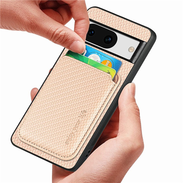 For Google Pixel 8a Case Carbon Fiber Leather Back Cover with Detachable Magnetic Card Bag - Khaki