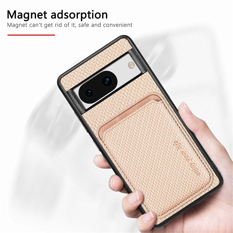 For Google Pixel 8a Case Carbon Fiber Leather Back Cover with Detachable Magnetic Card Bag - Khaki