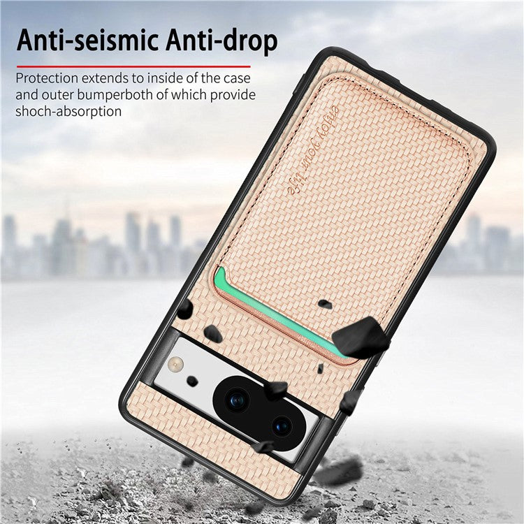 For Google Pixel 8a Case Carbon Fiber Leather Back Cover with Detachable Magnetic Card Bag - Khaki