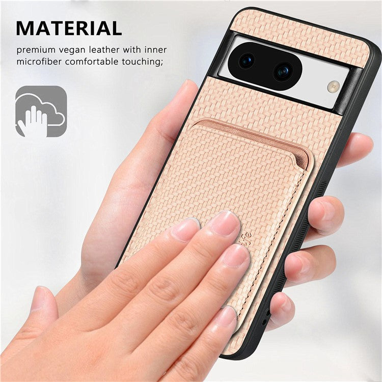 For Google Pixel 8a Case Carbon Fiber Leather Back Cover with Detachable Magnetic Card Bag - Khaki