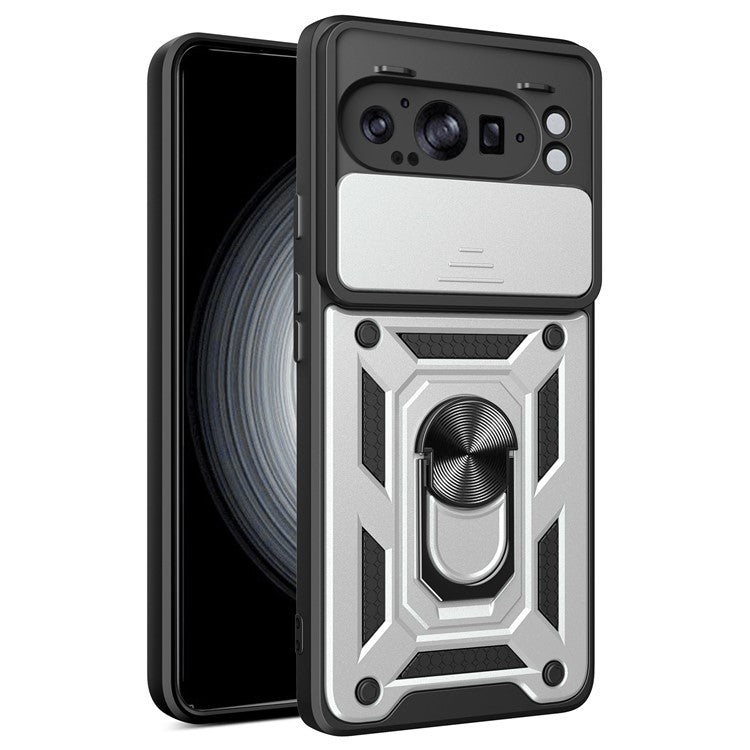 For Google Pixel 9 Pro XL Case with Slide Camera Lid PC+TPU Kickstand Phone Cover - Silver