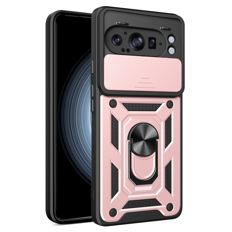 For Google Pixel 9 Pro XL Case with Slide Camera Lid PC+TPU Kickstand Phone Cover - Rose Gold