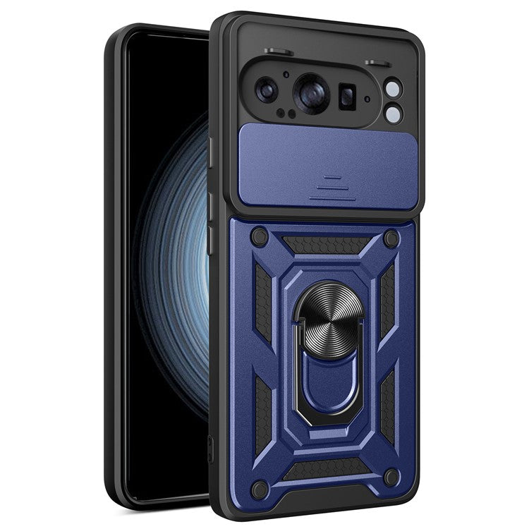 For Google Pixel 9 Pro XL Case with Slide Camera Lid PC+TPU Kickstand Phone Cover - Blue