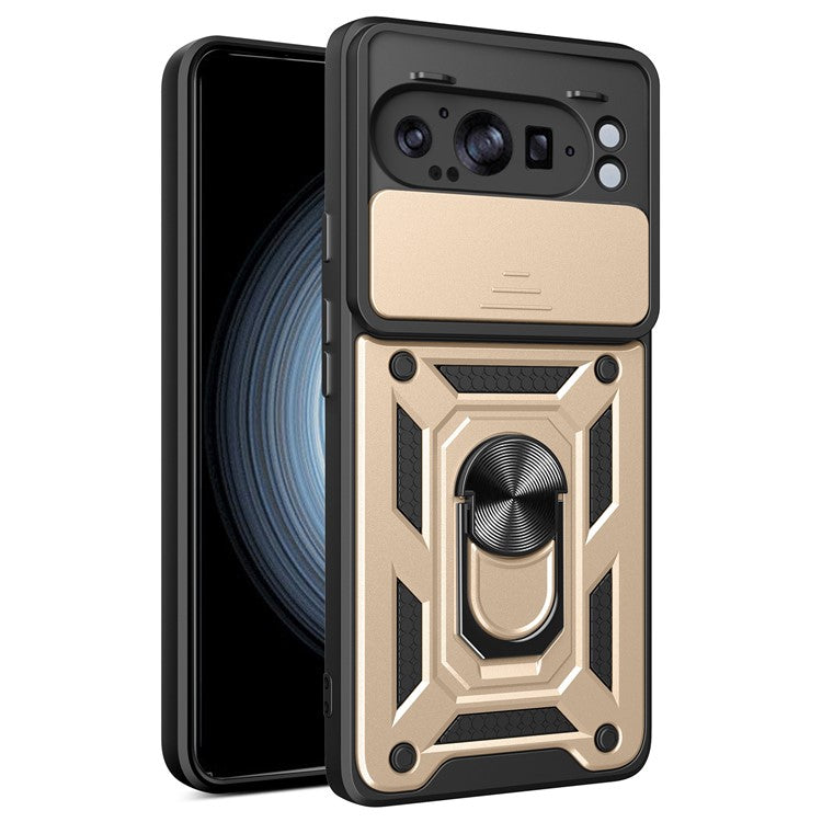 For Google Pixel 9 Pro XL Case with Slide Camera Lid PC+TPU Kickstand Phone Cover - Gold