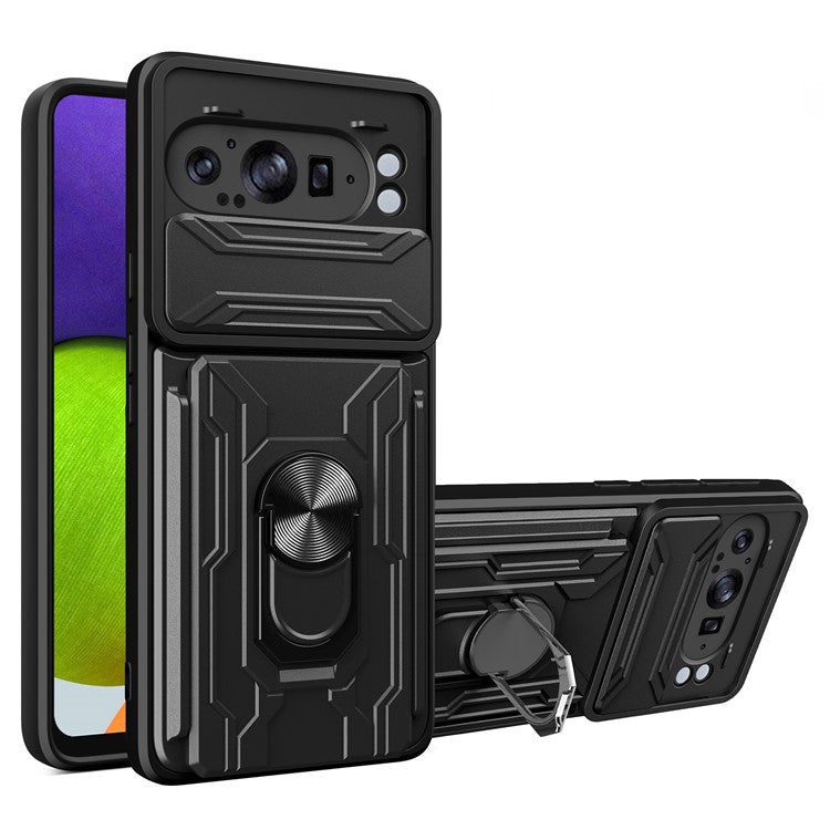 For Google Pixel 9 Pro XL Case PC+TPU Kickstand Phone Back Cover with Camera Slider - Black