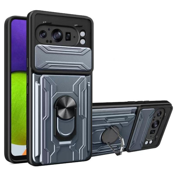 For Google Pixel 9 Pro XL Case PC+TPU Kickstand Phone Back Cover with Camera Slider - Titanium Grey