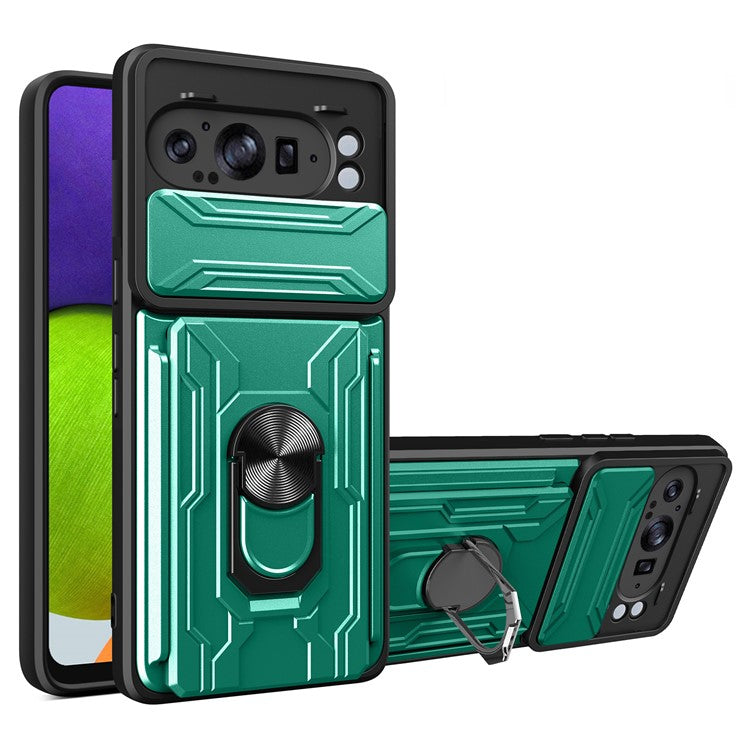 For Google Pixel 9 Pro XL Case PC+TPU Kickstand Phone Back Cover with Camera Slider - Blackish Green