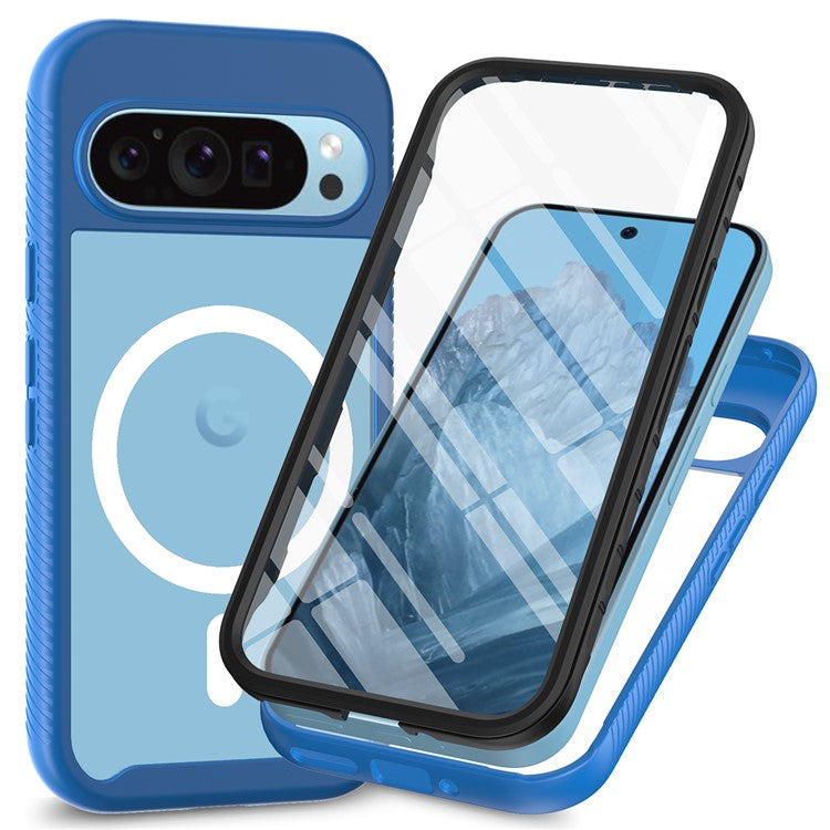 For Google Pixel 9 Pro XL Case PC+TPU Clear Phone Cover with PET Screen Film All-Around Protection Magnetic Wireless Charging - Dark Blue