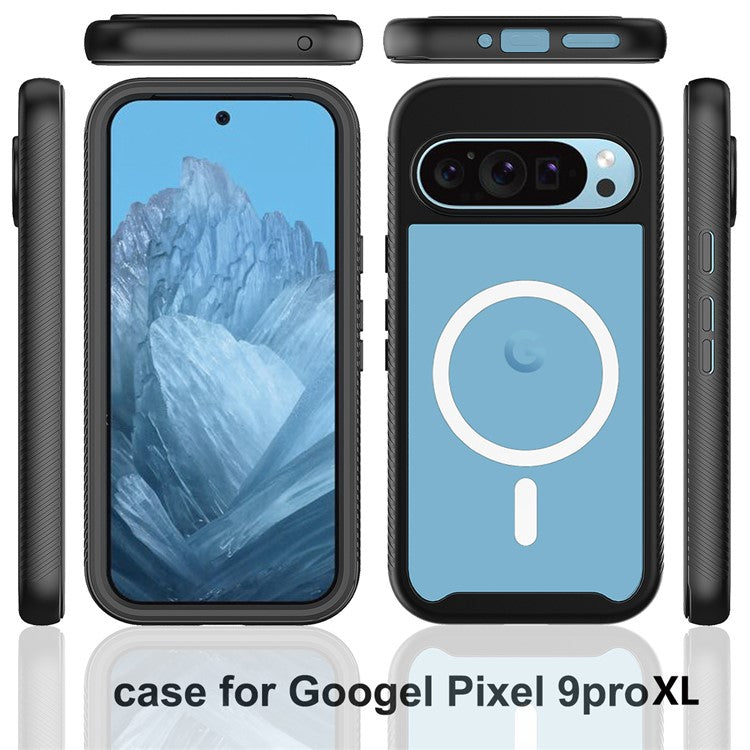 For Google Pixel 9 Pro XL Case PC+TPU Clear Phone Cover with PET Screen Film All-Around Protection Magnetic Wireless Charging - Dark Blue