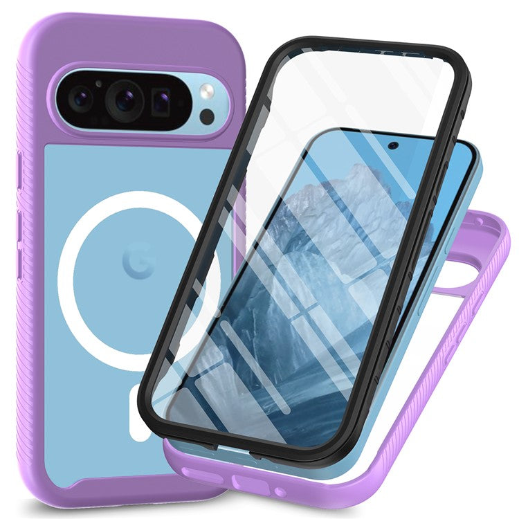 For Google Pixel 9 Pro XL Case PC+TPU Clear Phone Cover with PET Screen Film All-Around Protection Magnetic Wireless Charging - Purple