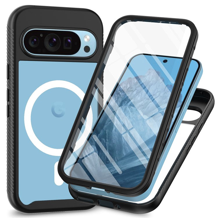 For Google Pixel 9 / Pixel 9 Pro Case PC+TPU Clear Phone Cover with PET Screen Film All-Around Protection Magnetic Wireless Charging - Black