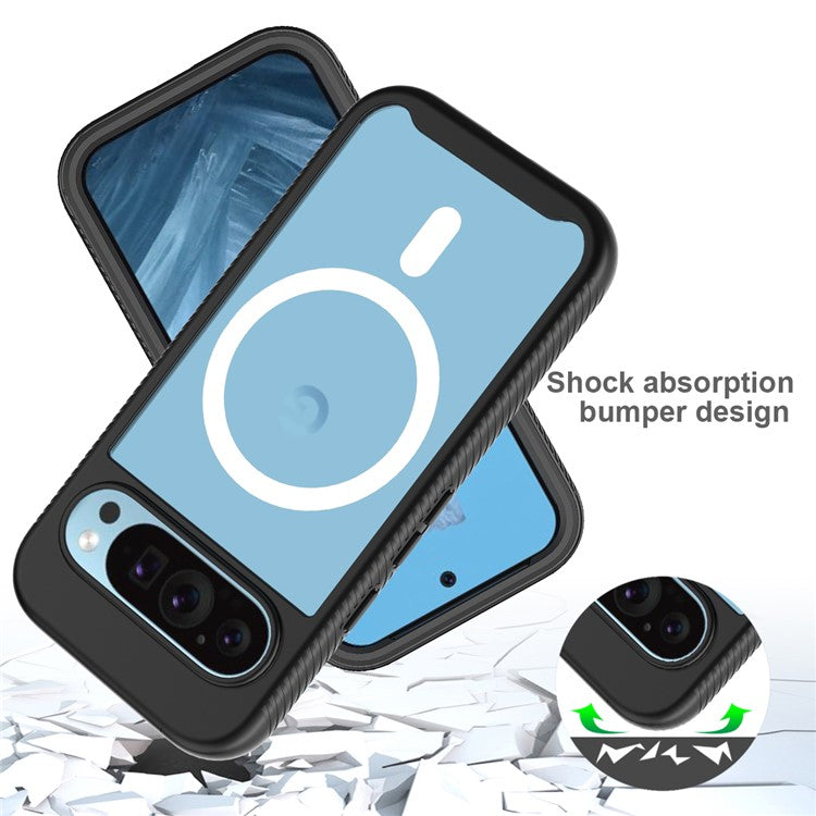 For Google Pixel 9 / Pixel 9 Pro Case PC+TPU Clear Phone Cover with PET Screen Film All-Around Protection Magnetic Wireless Charging - Black