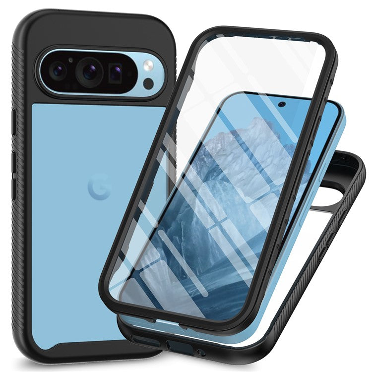 For Google Pixel 9 / Pixel 9 Pro Case PC+TPU Clear Phone Cover with PET Screen Film All-Around Protection - Black