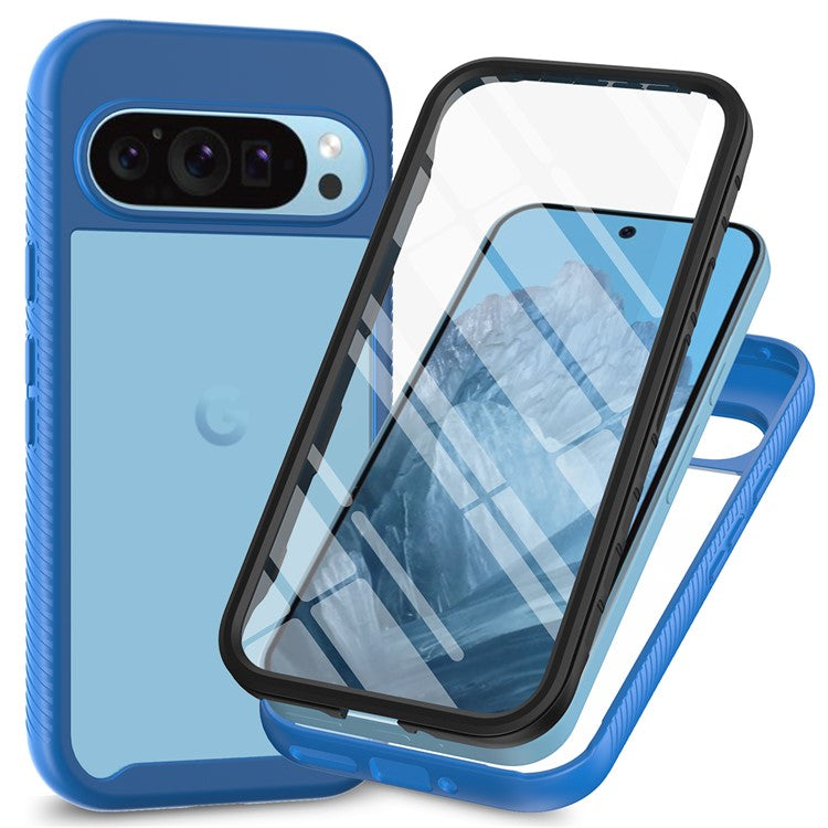 For Google Pixel 9 / Pixel 9 Pro Case PC+TPU Clear Phone Cover with PET Screen Film All-Around Protection - Dark Blue