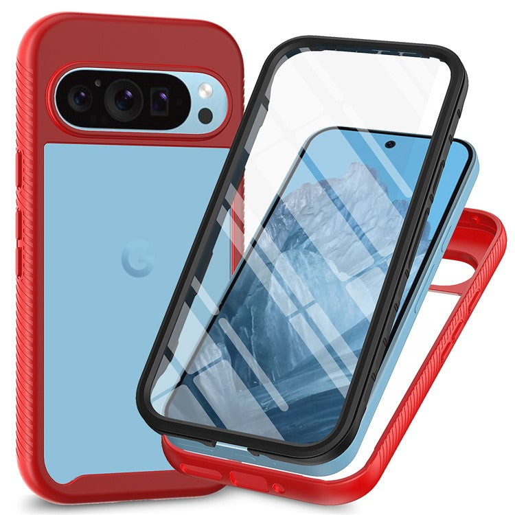 For Google Pixel 9 / Pixel 9 Pro Case PC+TPU Clear Phone Cover with PET Screen Film All-Around Protection - Red