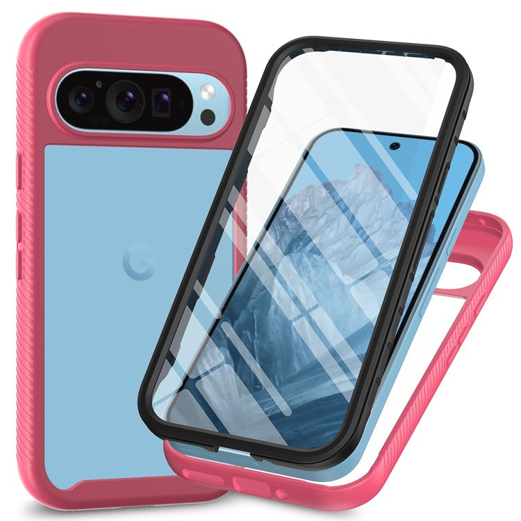 For Google Pixel 9 / Pixel 9 Pro Case PC+TPU Clear Phone Cover with PET Screen Film All-Around Protection - Pink