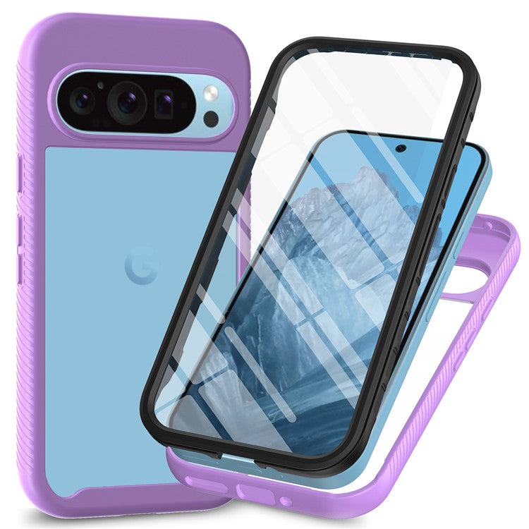 For Google Pixel 9 / Pixel 9 Pro Case PC+TPU Clear Phone Cover with PET Screen Film All-Around Protection - Purple